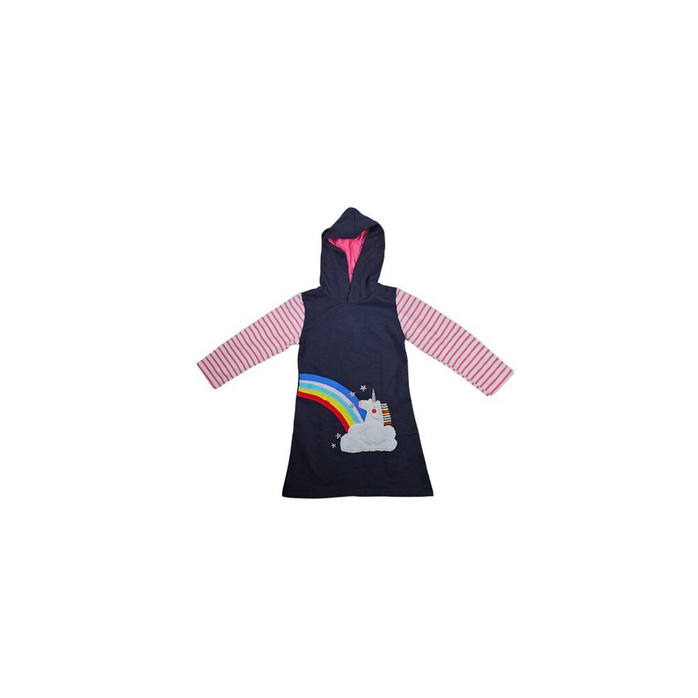 Vikita Girls' 9-10Y Hooded Unicorn Dress, Navy, Pink, White Rainbow Stripe